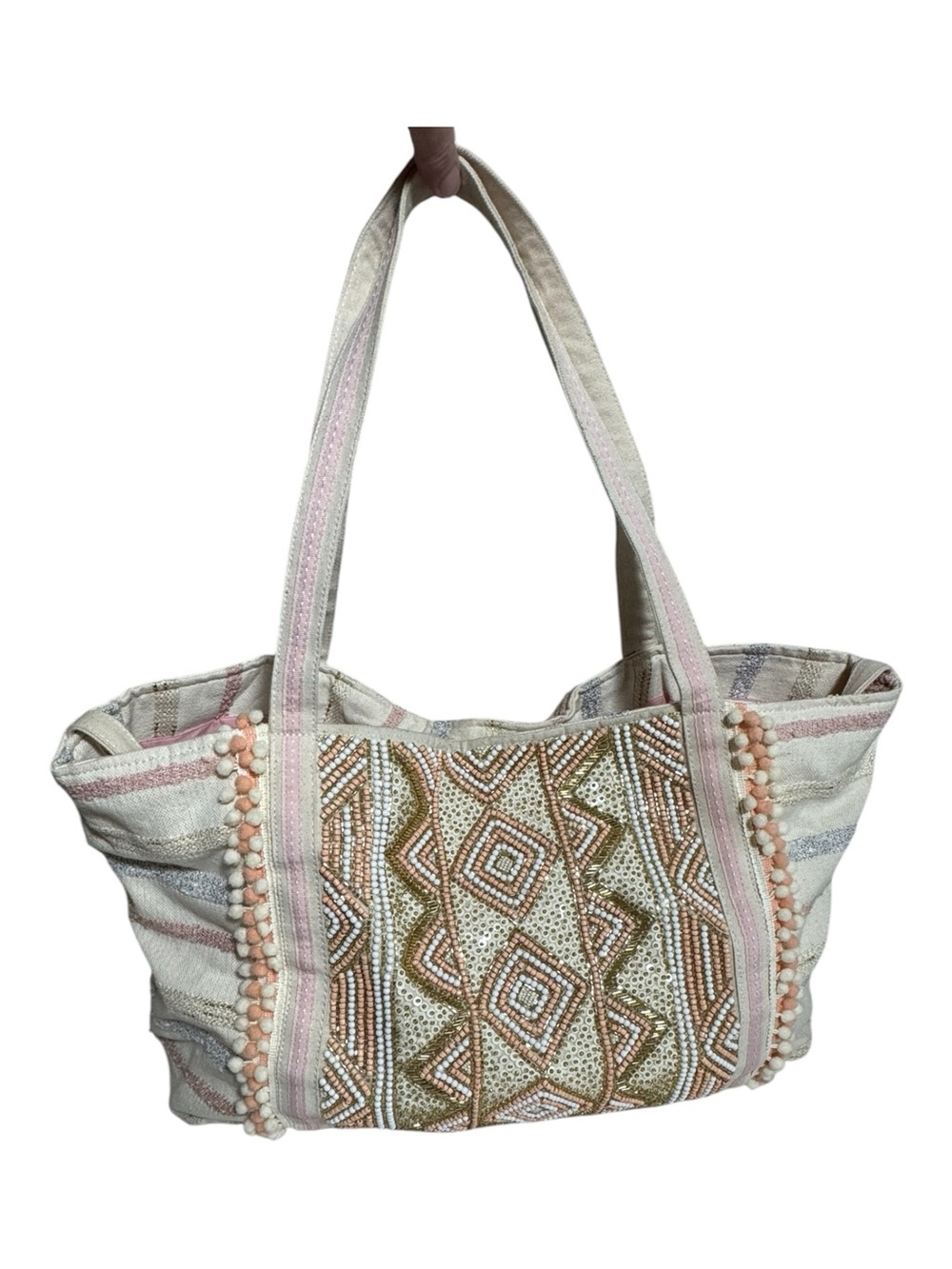 America & Beyond Rose Gold Tote Beaded Boho Jacquard Beach Bag